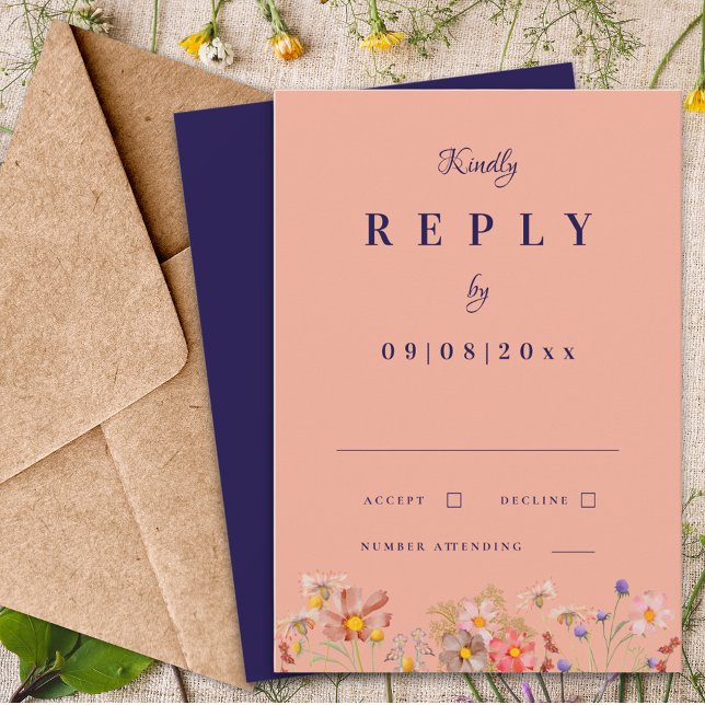Wildflower Navy Burnt Orange Fall Wedding Reply RSVP Card (Wildflower navy blue terracotta burnt orange peach fall wedding invitation reply rsvp enclosure card)