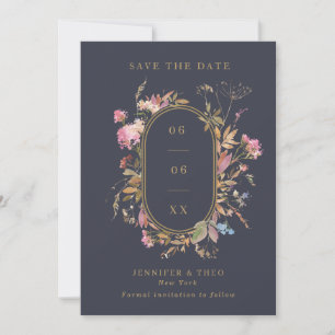 Wildflower Navy & Gold Frame Wedding Photo Save The Date