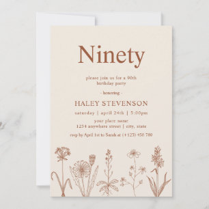 Wildflower Ninety Beige Terracotta 90th Birthday Invitation