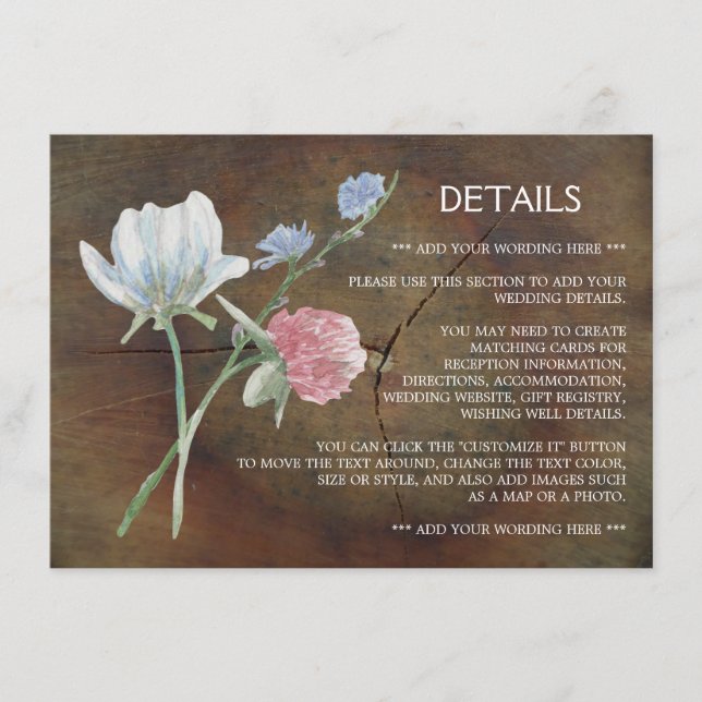 Wildflower Oak Wood Wedding Detail Enclosure Card (Front)