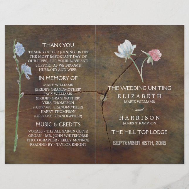 Wildflower Oak Wood Wedding Program (Front)