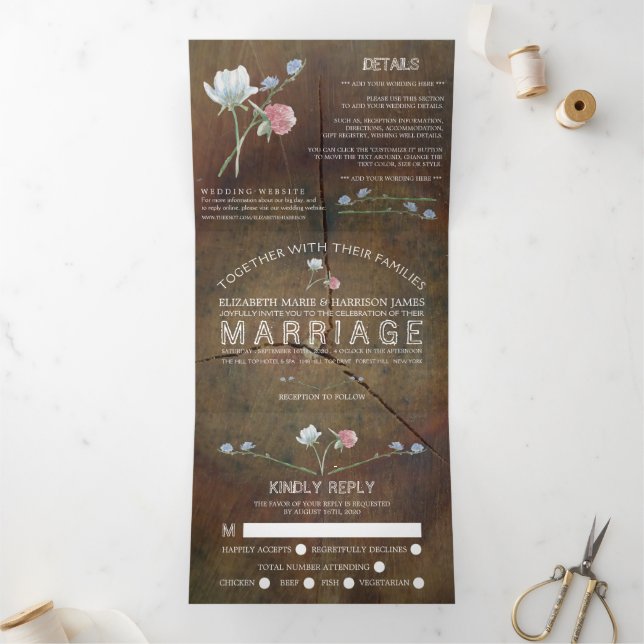 Wildflower Oak Wood Wedding Suite Tri-Fold Invitation (Inside)
