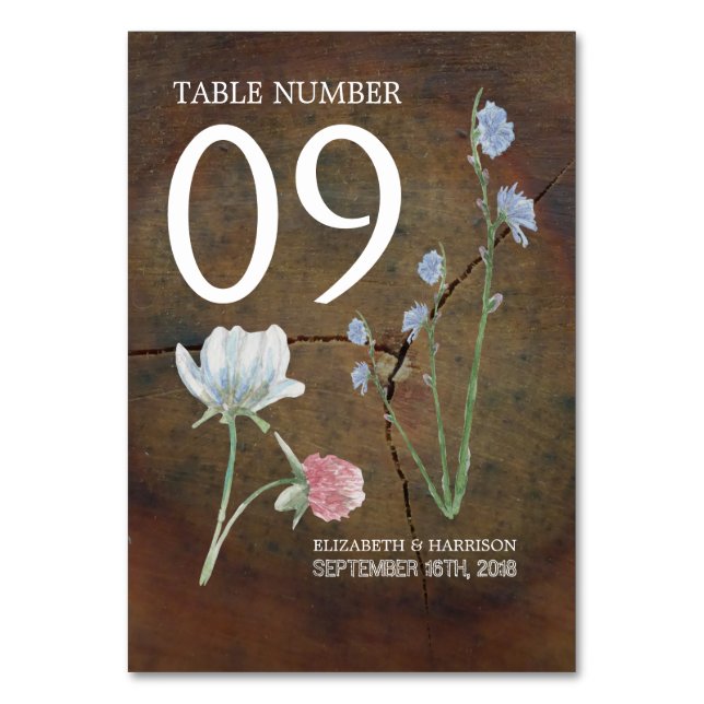 Wildflower Oak Wood Wedding Table No. Table Number (Front)