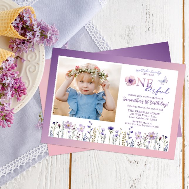 Wildflower Onederful 1st Birthday Photo Invite (Photo Birthday Invite)