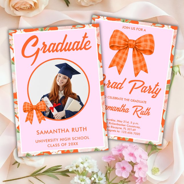 Wildflower Orange Gingham Bow Photo Graduation Invitation (Creator Uploaded)
