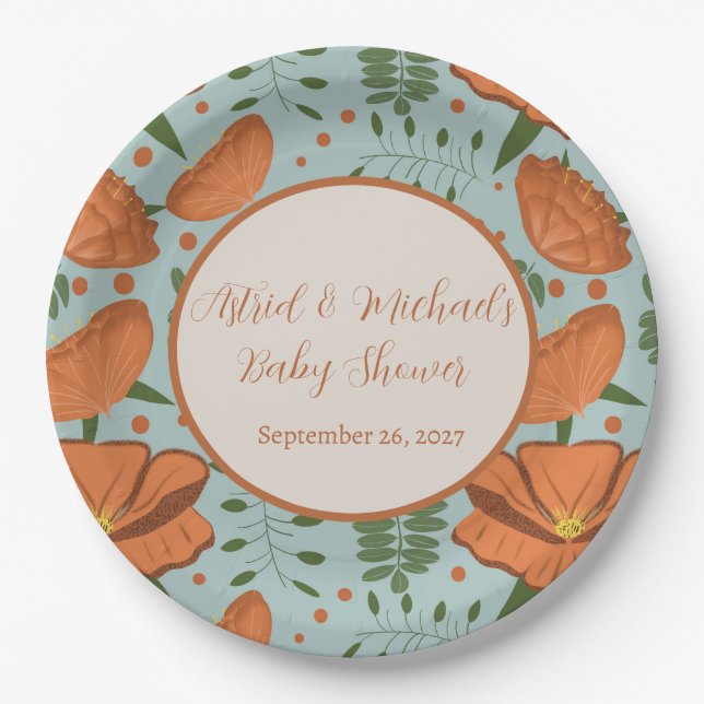 Wildflower Orange Poppy Baby Shower| Spring Garden Paper Plate (Front)