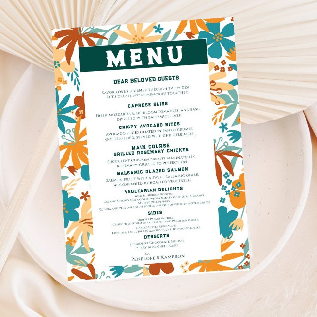 Wildflower Orange Ranunculus Daisy Teal Wedding Menu (Creator Uploaded)