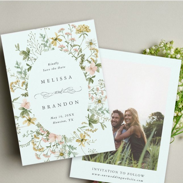 Wildflower Oval Frame Wedding Photo Mint Save The Date (Creator Uploaded)