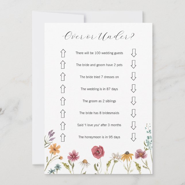 Wildflower Over or Under Bridal Shower Game Card (Front)