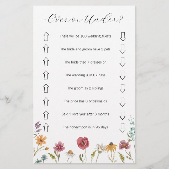 Wildflower Over or Under Bridal Shower Game  Flyer (Front)