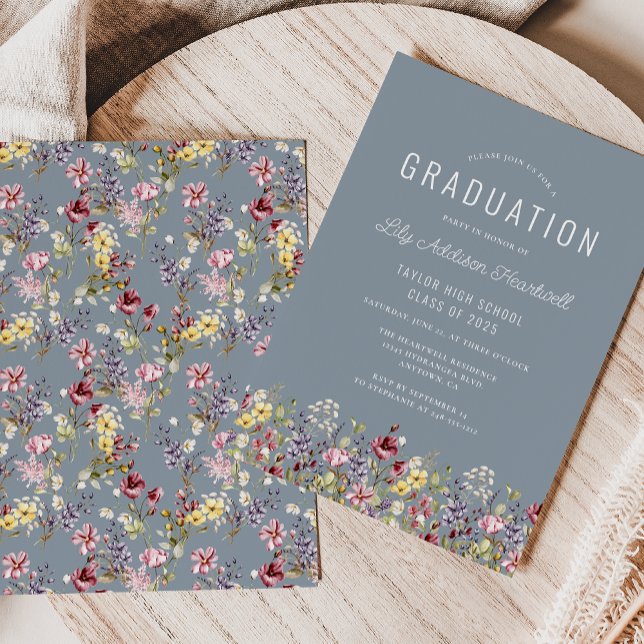 Wildflower Pattern Dusty Blue Graduation Party Invitation (Creator Uploaded)