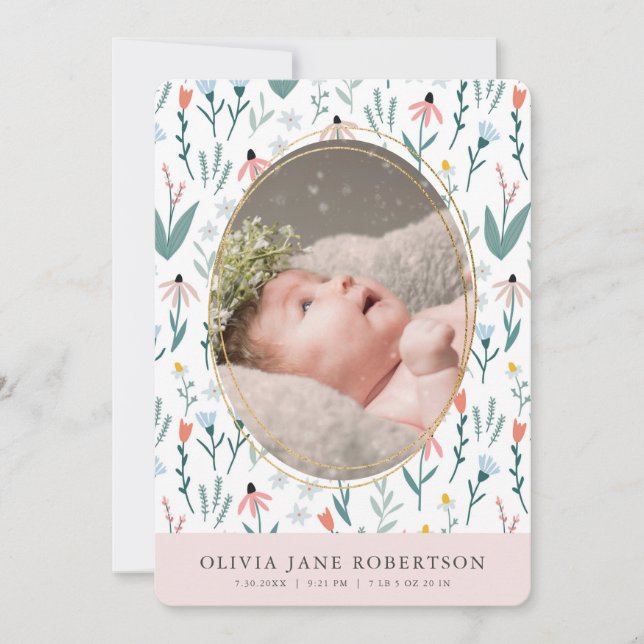 Wildflower Pattern Girl Photo Birth Announcement (Front)