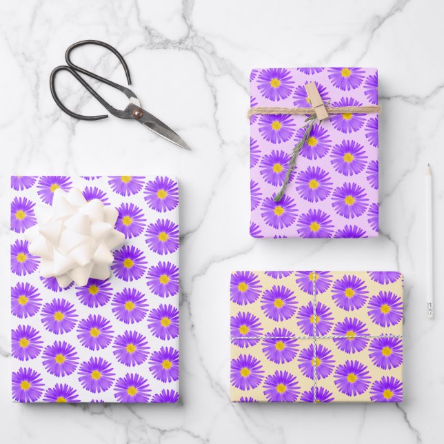 Wildflower Pattern Over White Yellow Purple Pastel Wrapping Paper Sheet (Front)