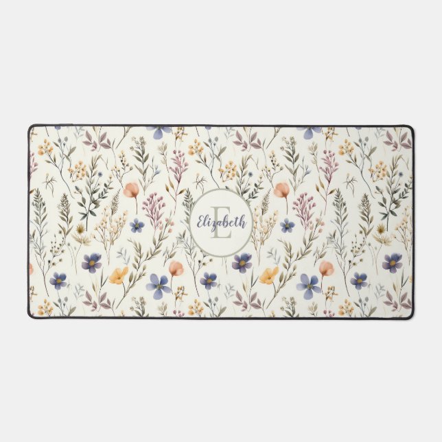Wildflower Pattern Sage Green Purple Monogram Desk Mat (Front)