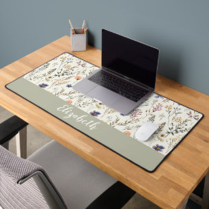 Wildflower Pattern Script Name Sage Green Desk Mat