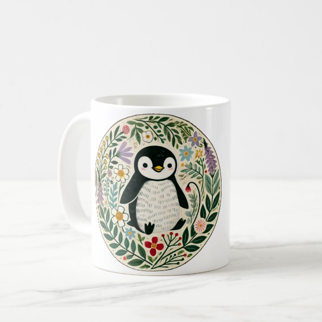 Wildflower Penguin Lovers Illustration             Coffee Mug (Front Left)