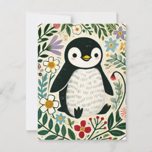 Wildflower Penguin Lovers Illustration             Postcard
