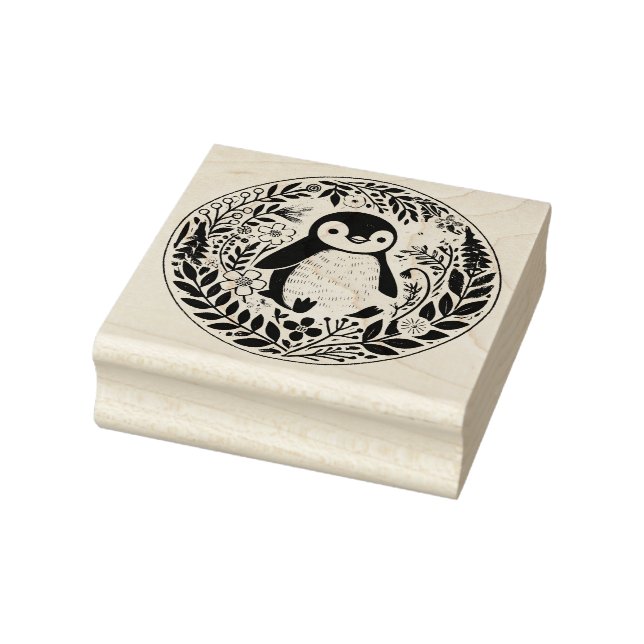 Wildflower Penguin Lovers Illustration             Rubber Stamp (Stamp)