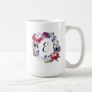 Wildflower Peony Floral with Feathers   Monogram Coffee Mug