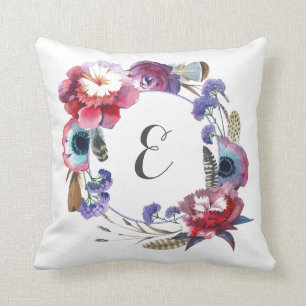 Wildflower Peony Floral with Feathers   Monogram Cushion