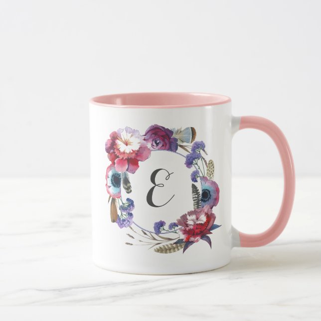 Wildflower Peony Floral with Feathers | Monogram Mug (Right)