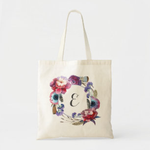 Wildflower Peony Floral with Feathers Monogram Tote Bag