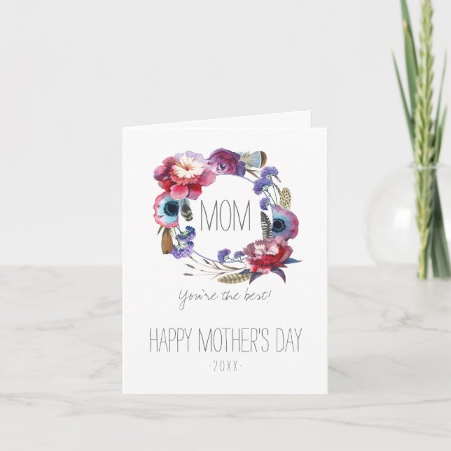 Wildflower Peony Floral with Feathers Mother's Day Card (Front)