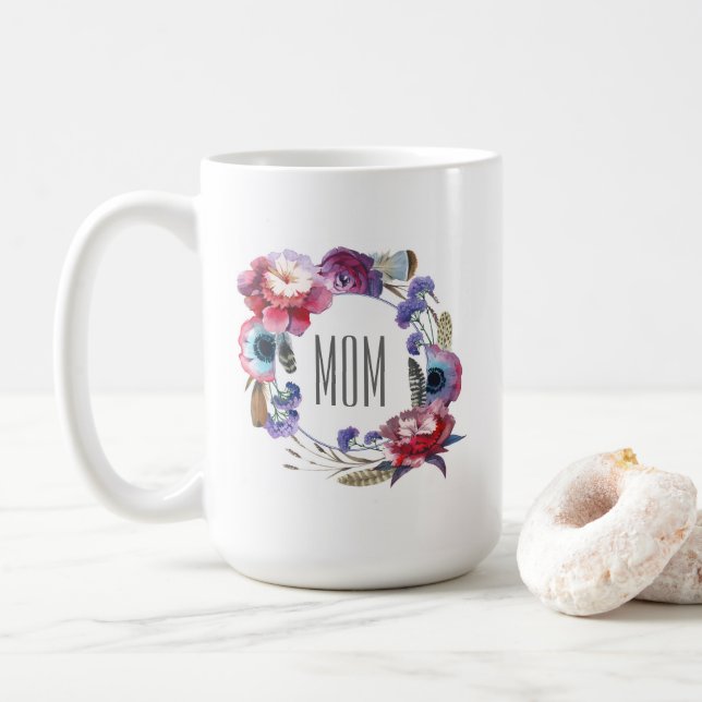 Wildflower Peony Floral with Feathers Mother's Day Coffee Mug (With Donut)