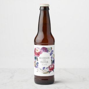 Wildflower Peony Floral with Feathers Wedding Beer Bottle Label