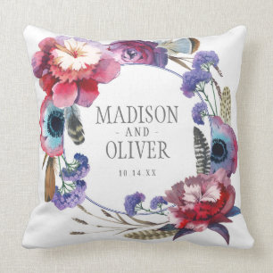 Wildflower Peony Floral with Feathers Wedding Cushion