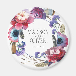 Wildflower Peony Floral with Feathers   Wedding Magnet