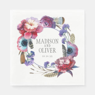 Wildflower Peony Floral with Feathers   Wedding Napkin