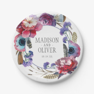 Wildflower Peony Floral with Feathers   Wedding Paper Plate