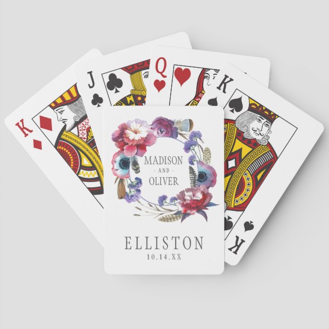 Wildflower Peony Floral with Feathers | Wedding Playing Cards (Back)