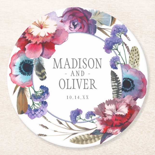 Wildflower Peony Floral with Feathers | Wedding Round Paper Coaster (Front)
