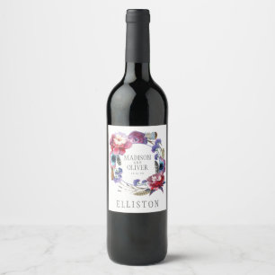 Wildflower Peony Floral with Feathers Wedding Wine Label