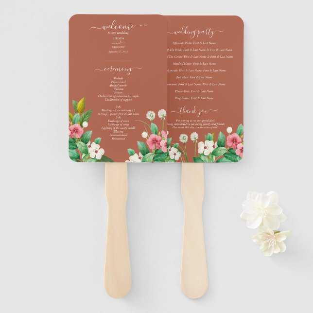 Wildflower Periwinkle Burnt Orange Wedding Program Hand Fan (Front and Back)