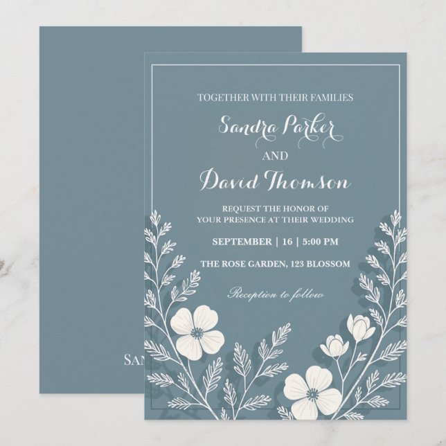 wildflower periwinkle elegant boho wedding  invitation (Front/Back)