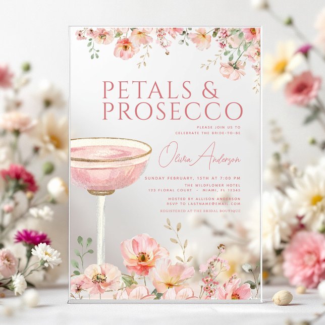 Wildflower Petals & Prosecco Blush Bridal Shower  Acrylic Invitations (Creator Uploaded)
