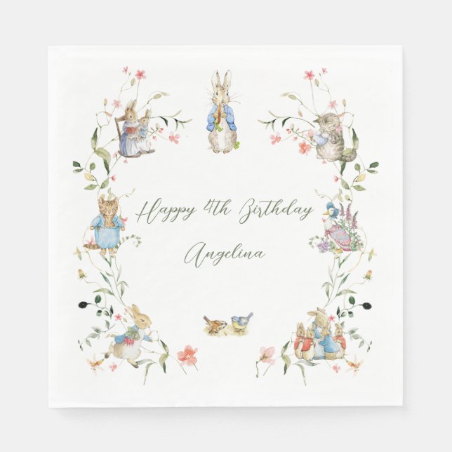 Wildflower Peter the Rabbit Birthday Paper Napkin (Front)