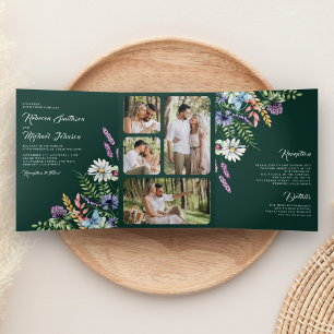 Wildflower Photo All in One Emerald Green Wedding Tri-Fold Invitation