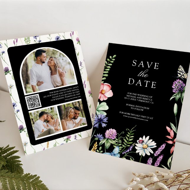 Wildflower Photo QR Code Black Wedding Save The Date (Creator Uploaded)