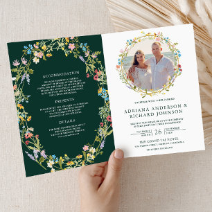 Wildflower Photo QR Code Emerald Green Wedding Invitation
