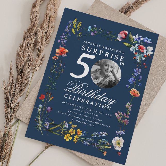 Wildflower Photo SURPRISE 50th Birthday Navy Blue  Invitation (Wildflower Photo SURPRISE 50th Birthday Navy Blue Invitation)