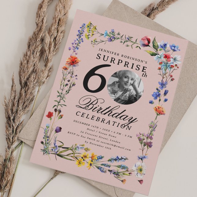 Wildflower Photo SURPRISE 60th Birthday Blush Pink Invitation (Wildflower Photo SURPRISE 60th Birthday Blush Pink Invitation)