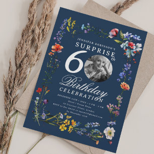 Wildflower Photo SURPRISE 60th Birthday Navy Blue Invitation