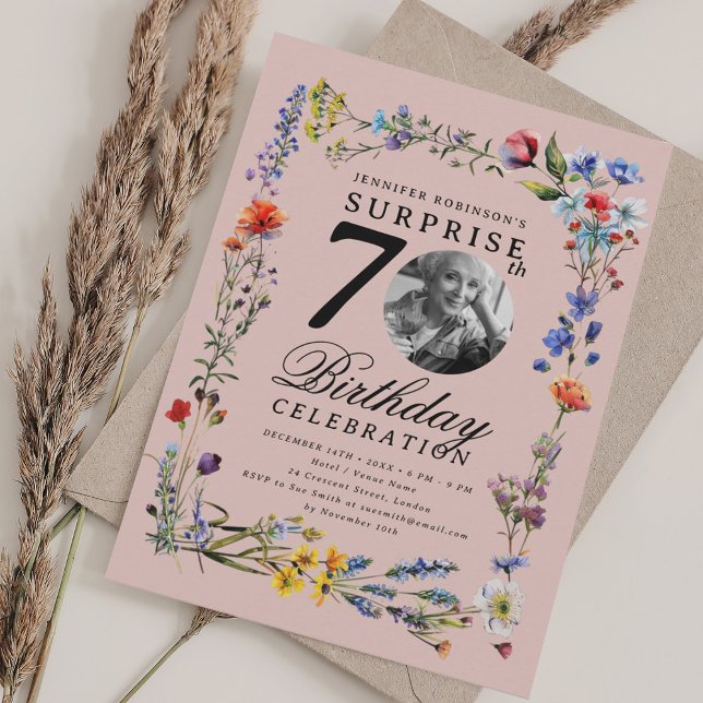 Wildflower Photo SURPRISE 70th Birthday Blush Pink Invitation (Wildflower Photo SURPRISE 70th Birthday Blush Pink Invitation)