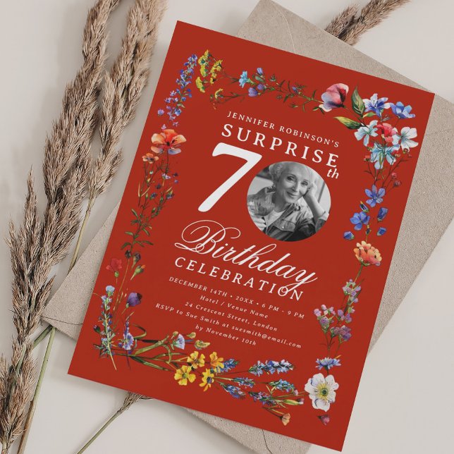 Wildflower Photo SURPRISE 70th Birthday Red  Invitation (Wildflower Photo SURPRISE 70th Birthday Red Invitation)
