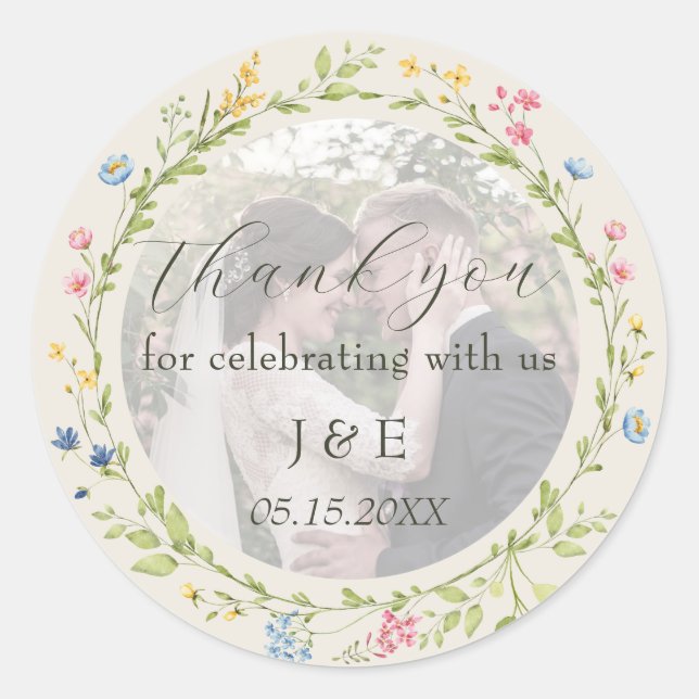 Wildflower Photo Wedding Thank You Classic Round Sticker (Front)