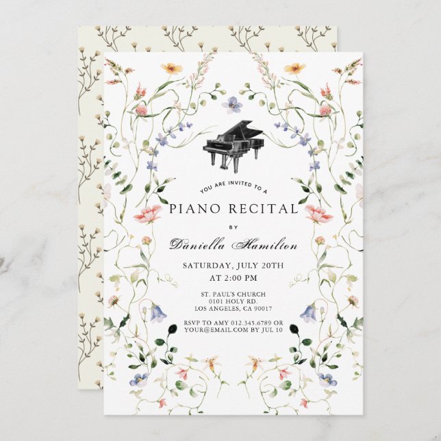 Wildflower Piano White Recital Invitation (Front/Back)